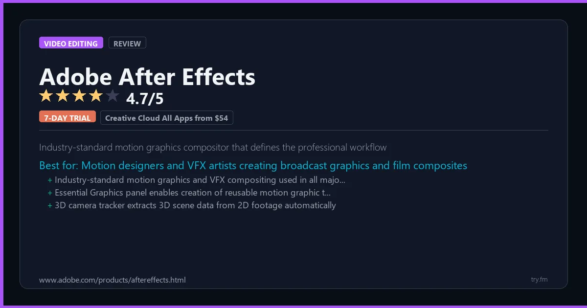 Adobe After Effects review - 4.7/5 rating - Industry-standard motion graphics compositor that defines the professional workflow