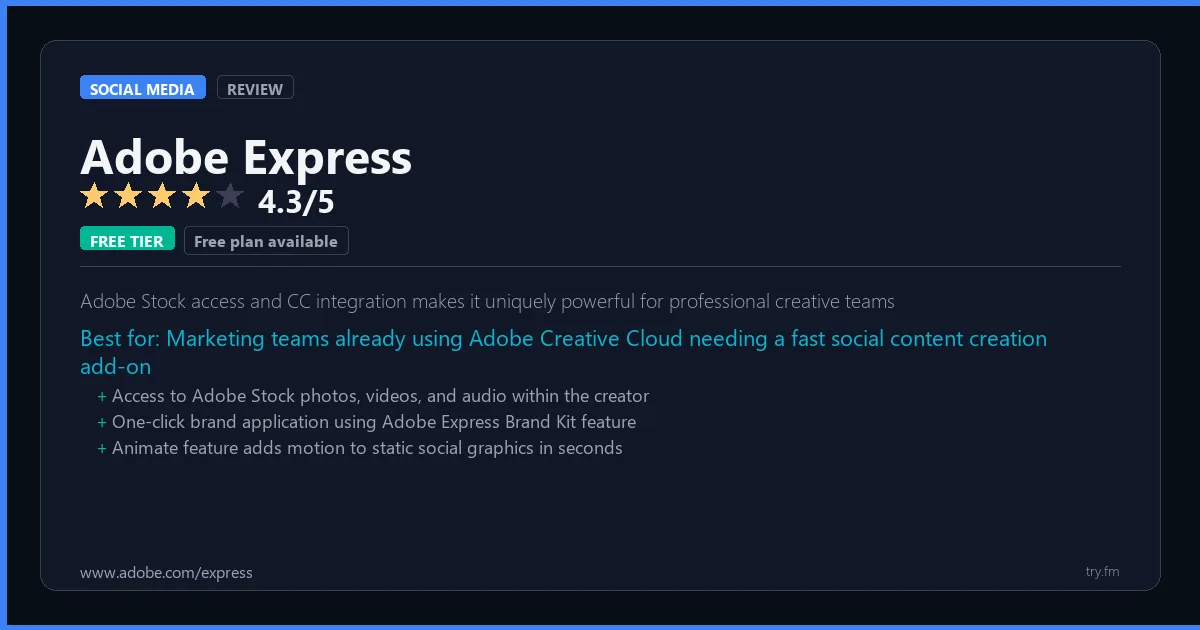 Adobe Express review - 4.3/5 rating - Adobe Stock access and CC integration makes it uniquely powerful for professional creative teams