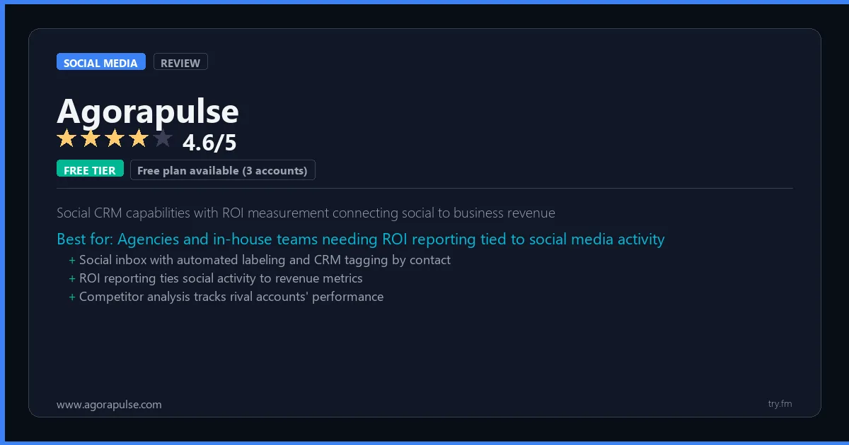 Agorapulse review - 4.6/5 rating - Social CRM capabilities with ROI measurement connecting social to business revenue