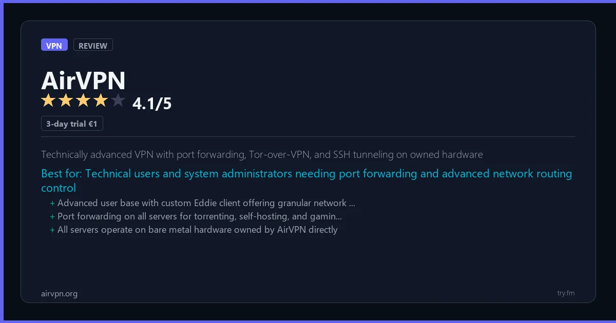 AirVPN review - 4.1/5 rating - Technically advanced VPN with port forwarding, Tor-over-VPN, and SSH tunneling on owned hardware