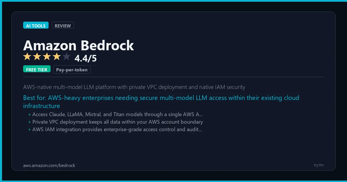 Amazon Bedrock review - 4.4/5 rating - AWS-native multi-model LLM platform with private VPC deployment and native IAM security