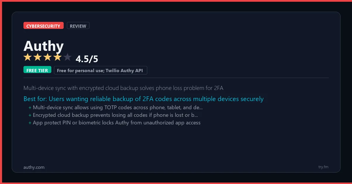 Authy review - 4.5/5 rating - Multi-device sync with encrypted cloud backup solves phone loss problem for 2FA