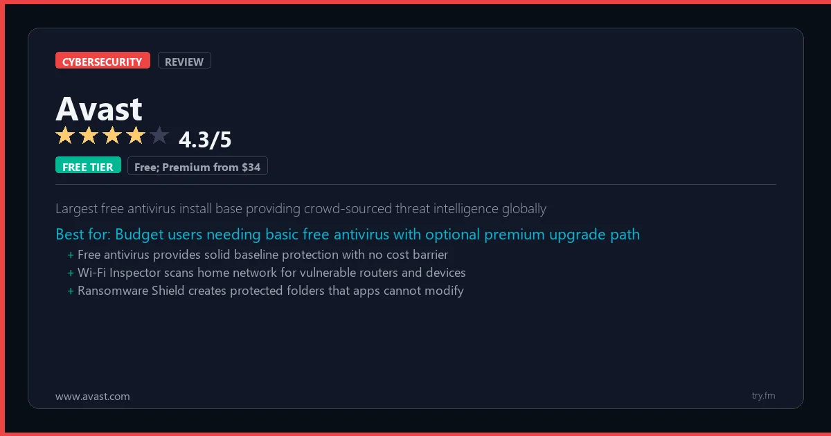 Avast review - 4.3/5 rating - Largest free antivirus install base providing crowd-sourced threat intelligence globally