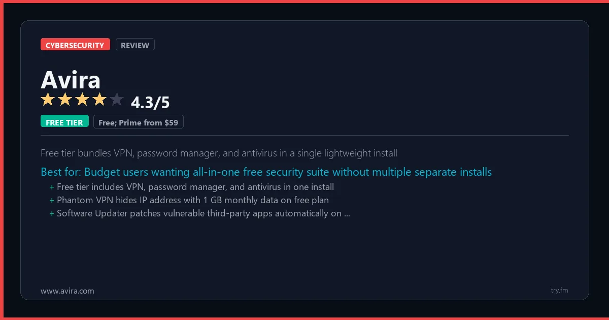 Avira review - 4.3/5 rating - Free tier bundles VPN, password manager, and antivirus in a single lightweight install