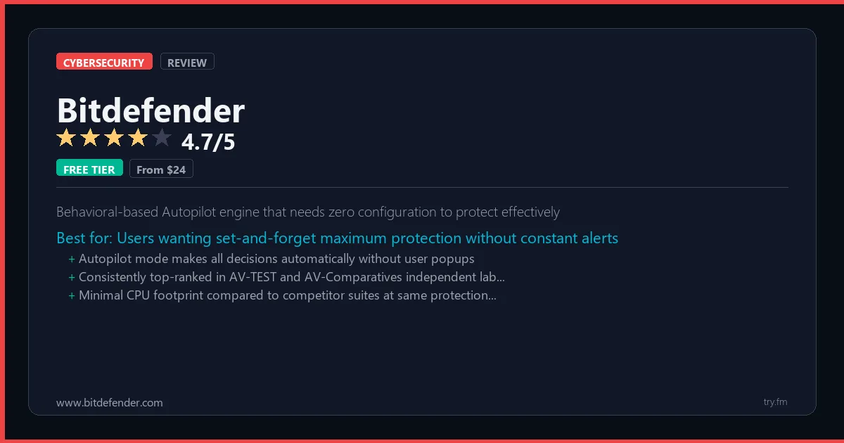 Bitdefender review - 4.7/5 rating - Behavioral-based Autopilot engine that needs zero configuration to protect effectively