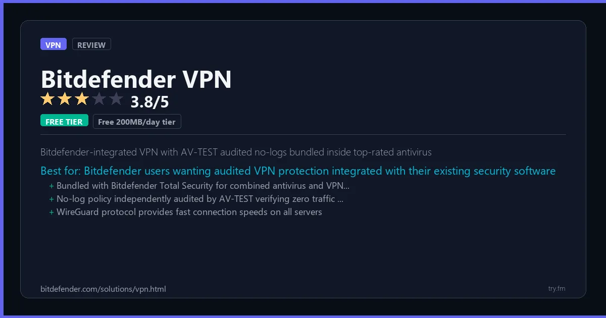 Bitdefender VPN review - 3.8/5 rating - Bitdefender-integrated VPN with AV-TEST audited no-logs bundled inside top-rated antivirus