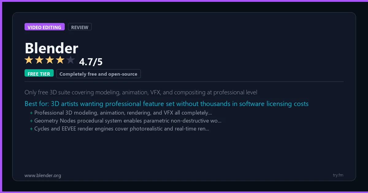 Blender review - 4.7/5 rating - Only free 3D suite covering modeling, animation, VFX, and compositing at professional level