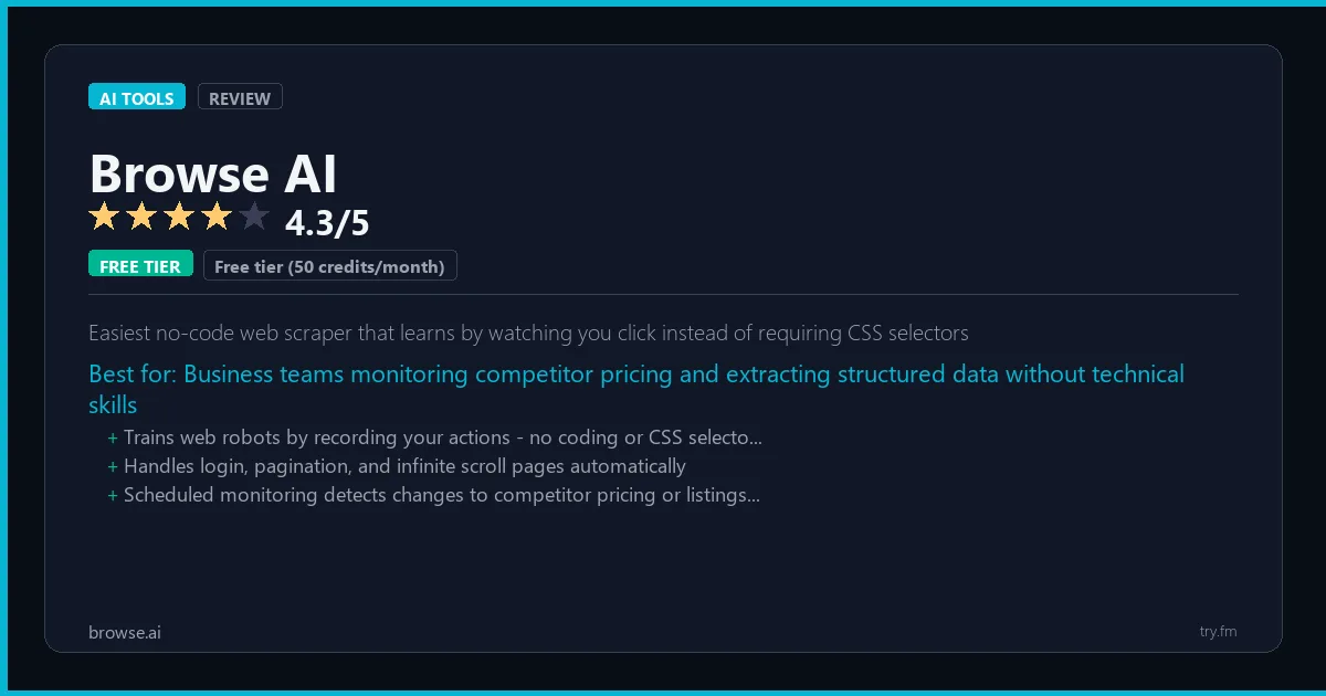 Browse AI review - 4.3/5 rating - Easiest no-code web scraper that learns by watching you click instead of requiring CSS selectors