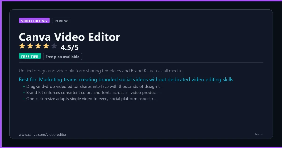 Canva Video Editor review - 4.5/5 rating - Unified design and video platform sharing templates and Brand Kit across all media