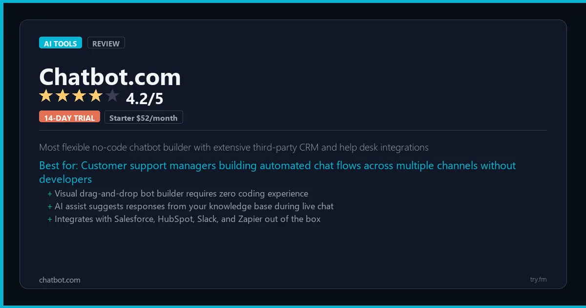 Chatbot.com review - 4.2/5 rating - Most flexible no-code chatbot builder with extensive third-party CRM and help desk integrations