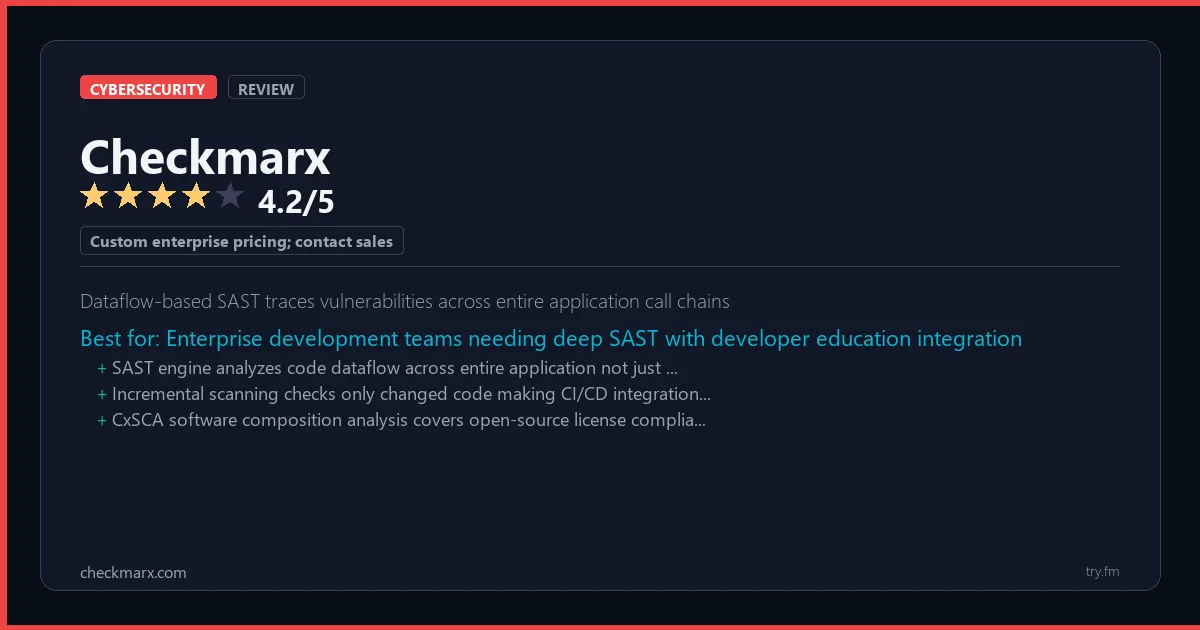 Checkmarx review - 4.2/5 rating - Dataflow-based SAST traces vulnerabilities across entire application call chains