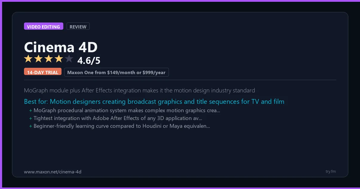 Cinema 4D review - 4.6/5 rating - MoGraph module plus After Effects integration makes it the motion design industry standard