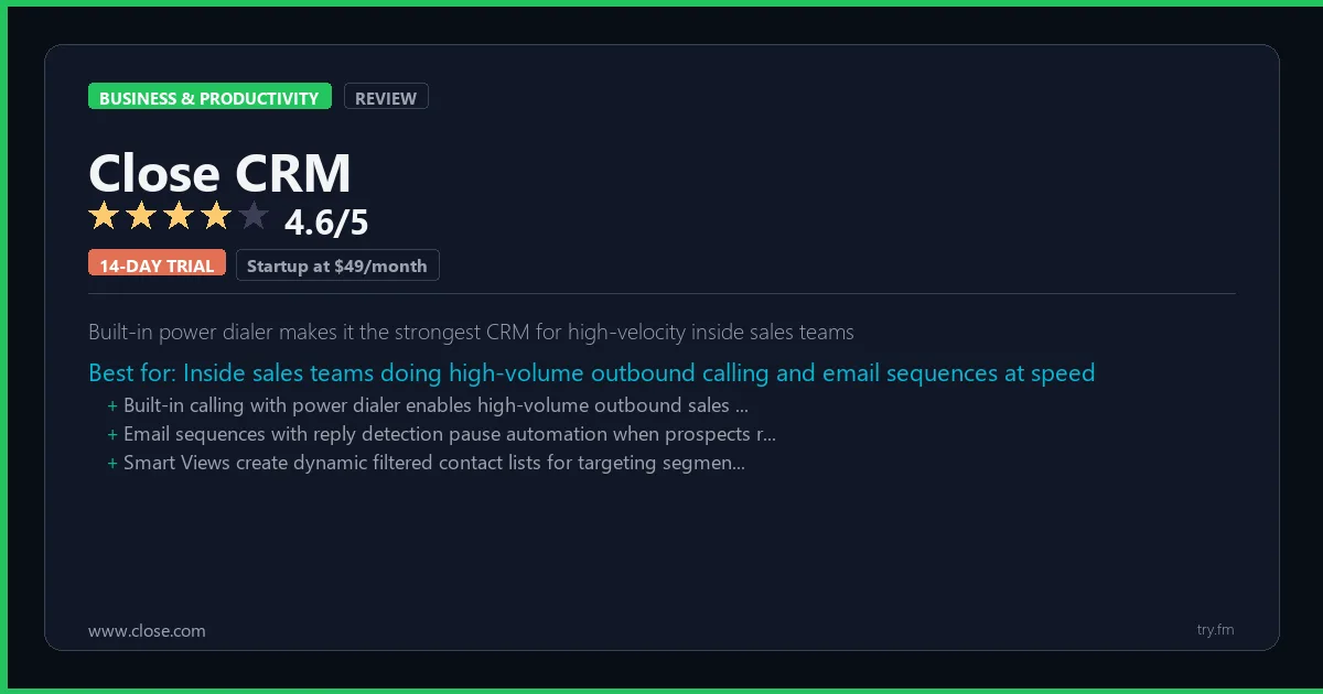 Close CRM review - 4.6/5 rating - Built-in power dialer makes it the strongest CRM for high-velocity inside sales teams