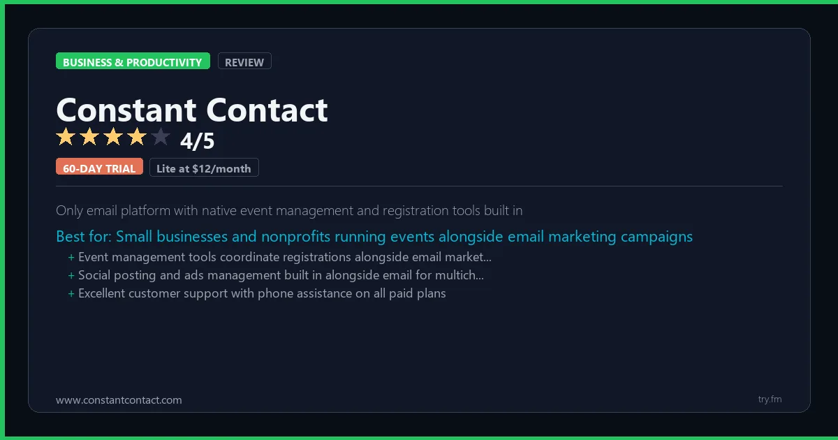 Constant Contact review - 4/5 rating - Only email platform with native event management and registration tools built in