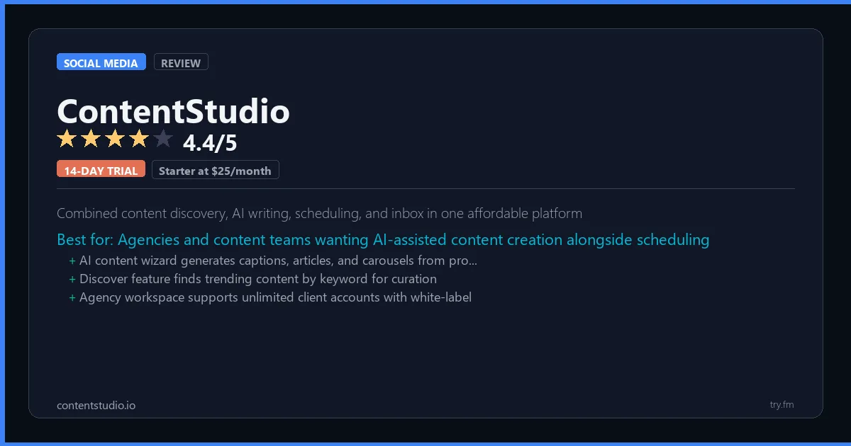 ContentStudio review - 4.4/5 rating - Combined content discovery, AI writing, scheduling, and inbox in one affordable platform