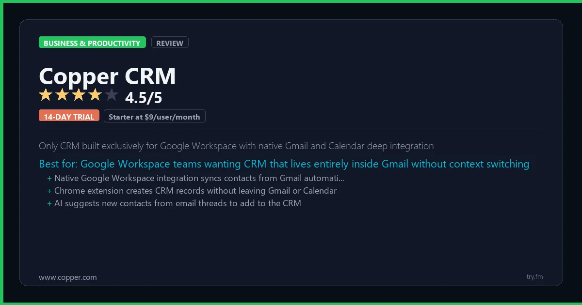 Copper CRM review - 4.5/5 rating - Only CRM built exclusively for Google Workspace with native Gmail and Calendar deep integration