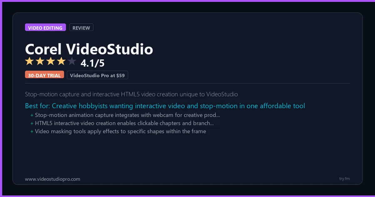 Corel VideoStudio review - 4.1/5 rating - Stop-motion capture and interactive HTML5 video creation unique to VideoStudio