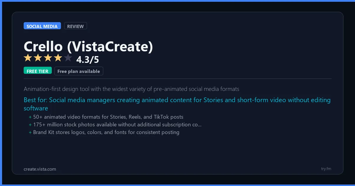 Crello (VistaCreate) review - 4.3/5 rating - Animation-first design tool with the widest variety of pre-animated social media formats