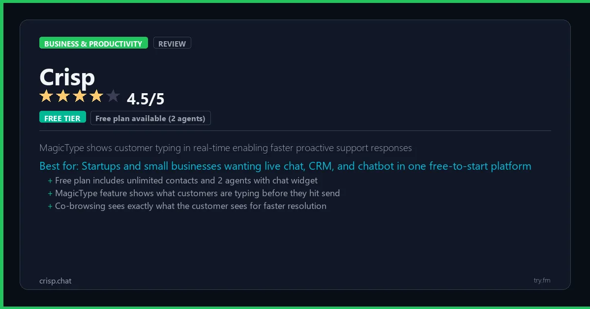 Crisp review - 4.5/5 rating - MagicType shows customer typing in real-time enabling faster proactive support responses