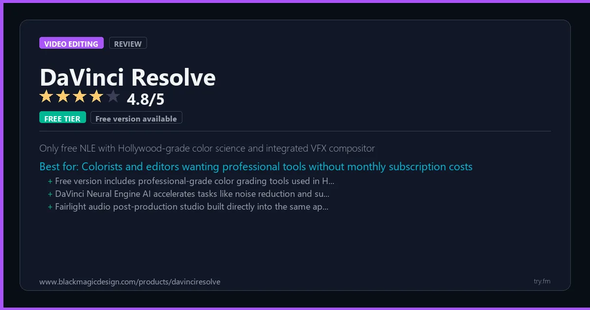 DaVinci Resolve review - 4.8/5 rating - Only free NLE with Hollywood-grade color science and integrated VFX compositor