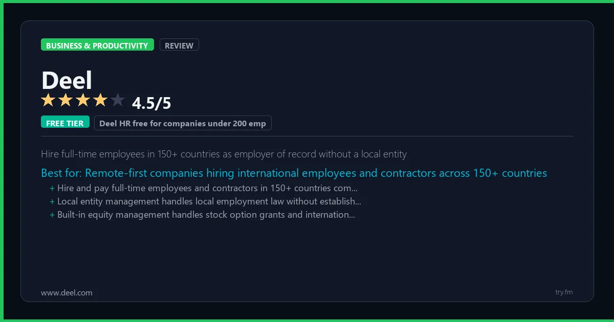 Deel review - 4.5/5 rating - Hire full-time employees in 150+ countries as employer of record without a local entity