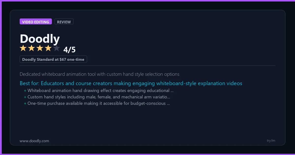 Doodly review - 4/5 rating - Dedicated whiteboard animation tool with custom hand style selection options