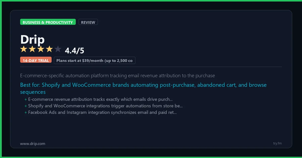 Drip review - 4.4/5 rating - E-commerce-specific automation platform tracking email revenue attribution to the purchase