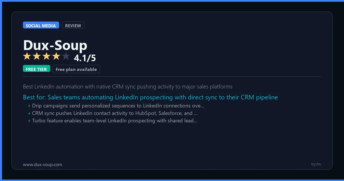 Dux-Soup review - 4.1/5 rating - Best LinkedIn automation with native CRM sync pushing activity to major sales platforms