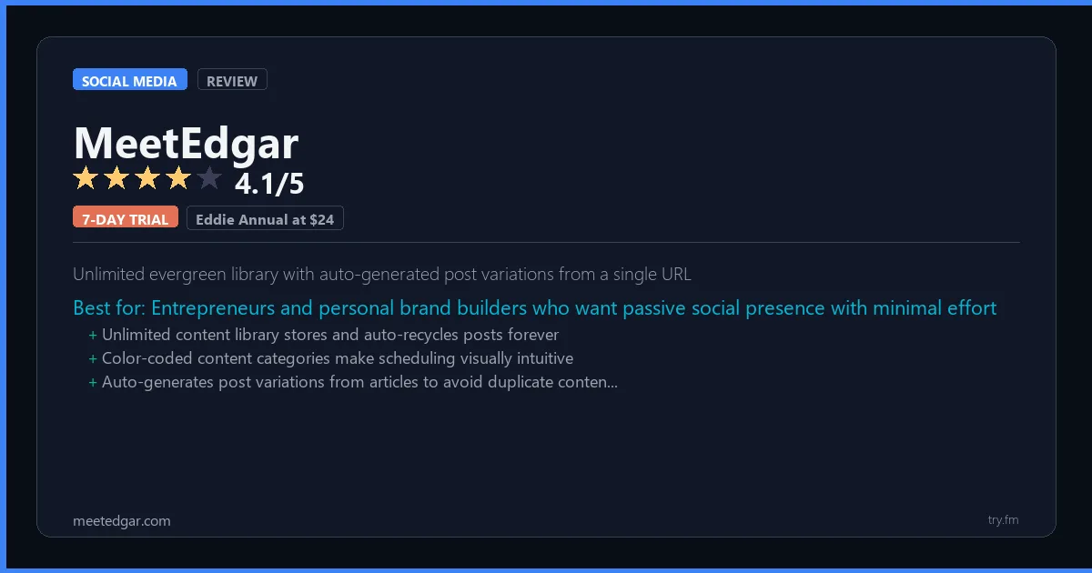 MeetEdgar review - 4.1/5 rating - Unlimited evergreen library with auto-generated post variations from a single URL