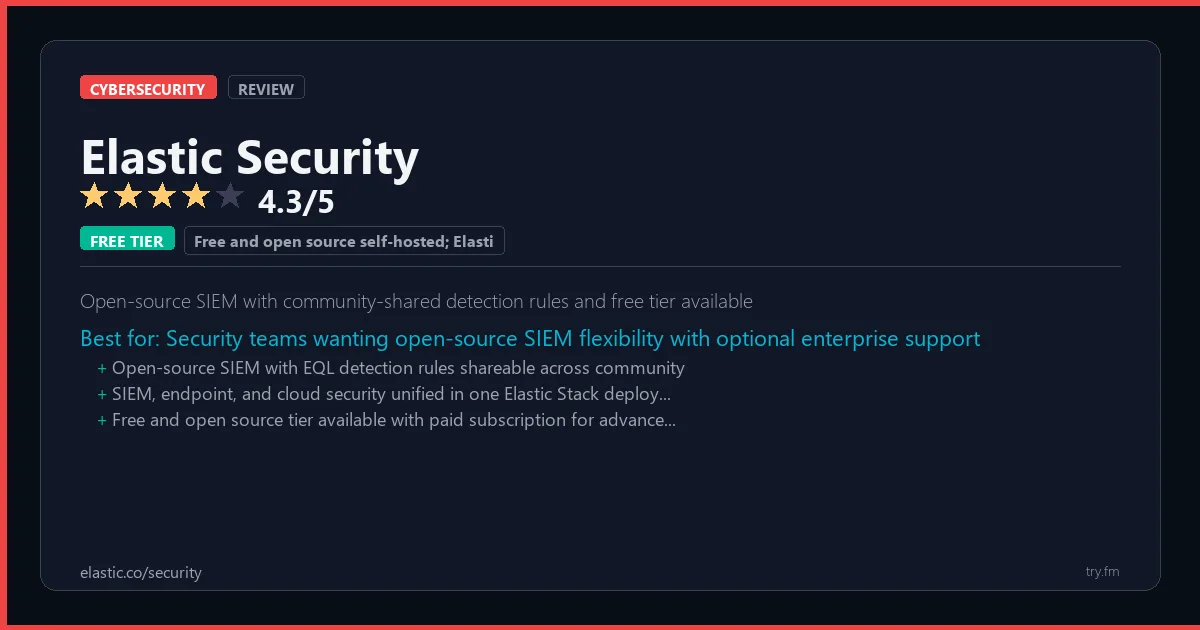 Elastic Security review - 4.3/5 rating - Open-source SIEM with community-shared detection rules and free tier available