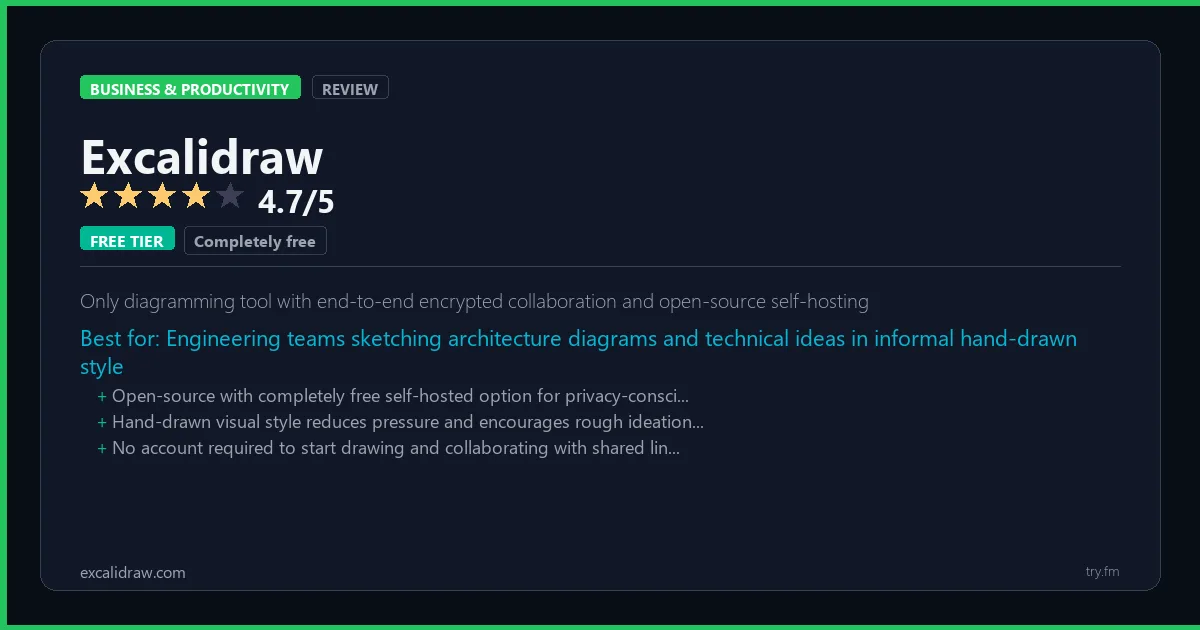 Excalidraw review - 4.7/5 rating - Only diagramming tool with end-to-end encrypted collaboration and open-source self-hosting