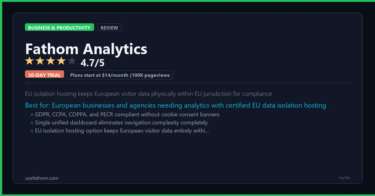 Fathom Analytics review - 4.7/5 rating - EU isolation hosting keeps European visitor data physically within EU jurisdiction for compliance