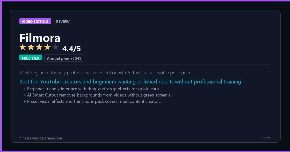 Filmora review - 4.4/5 rating - Most beginner-friendly professional video editor with AI tools at accessible price point