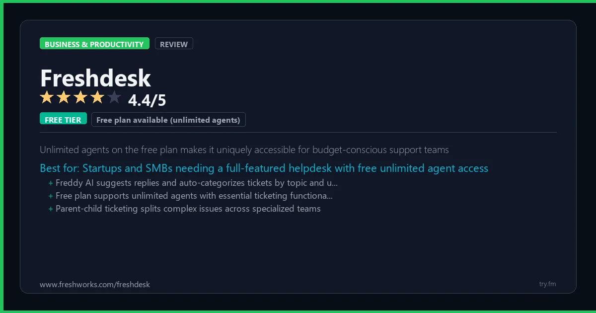 Freshdesk review - 4.4/5 rating - Unlimited agents on the free plan makes it uniquely accessible for budget-conscious support teams