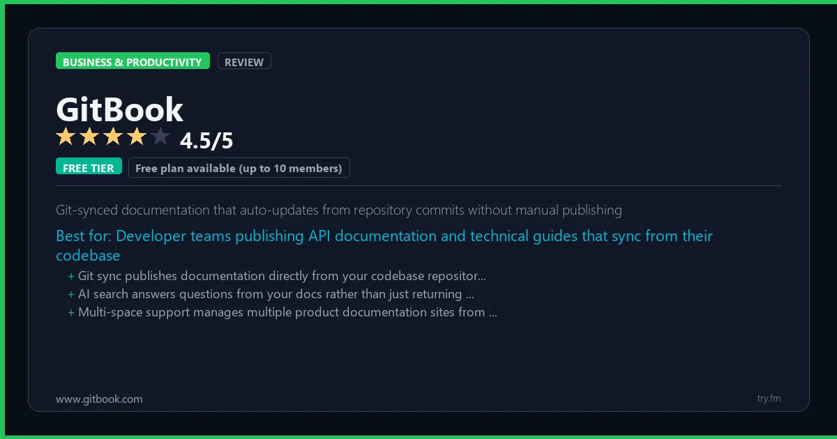 GitBook review - 4.5/5 rating - Git-synced documentation that auto-updates from repository commits without manual publishing