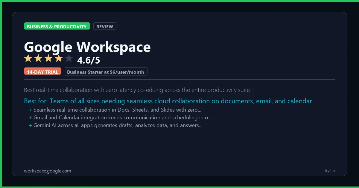 Google Workspace review - 4.6/5 rating - Best real-time collaboration with zero latency co-editing across the entire productivity suite