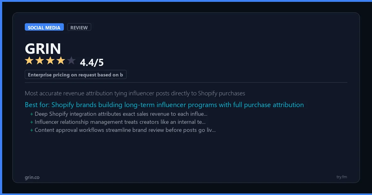 GRIN review - 4.4/5 rating - Most accurate revenue attribution tying influencer posts directly to Shopify purchases
