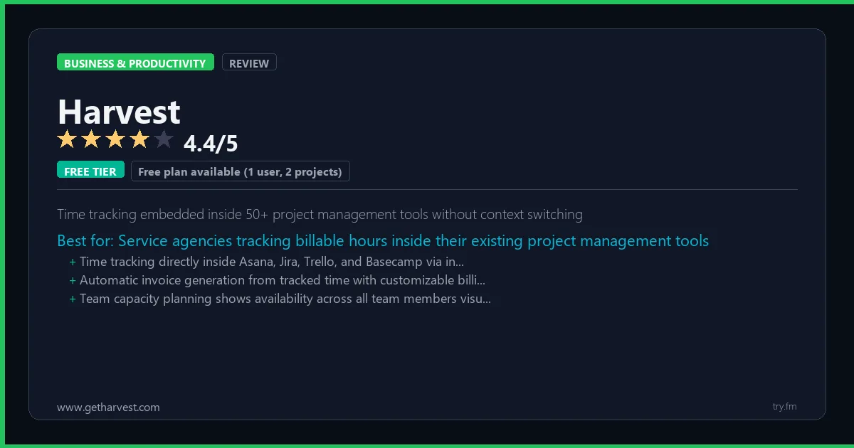 Harvest review - 4.4/5 rating - Time tracking embedded inside 50+ project management tools without context switching