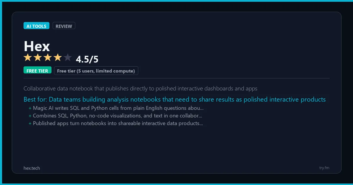 Hex review - 4.5/5 rating - Collaborative data notebook that publishes directly to polished interactive dashboards and apps