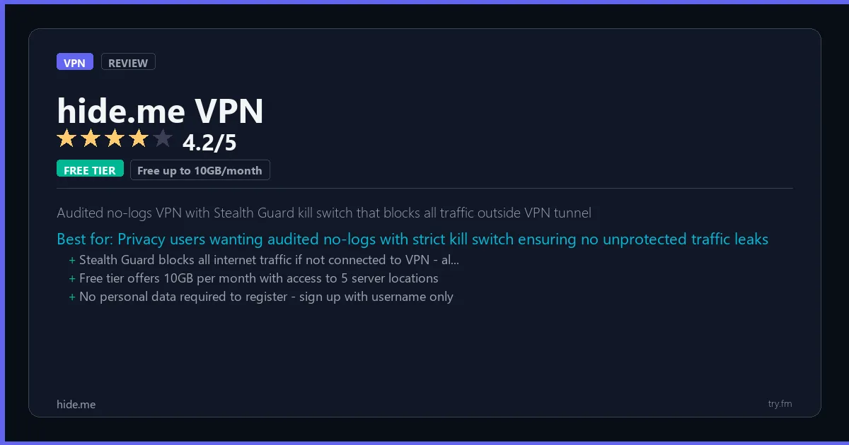 hide.me VPN review - 4.2/5 rating - Audited no-logs VPN with Stealth Guard kill switch that blocks all traffic outside VPN tunnel