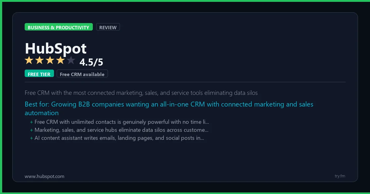 HubSpot review - 4.5/5 rating - Free CRM with the most connected marketing, sales, and service tools eliminating data silos