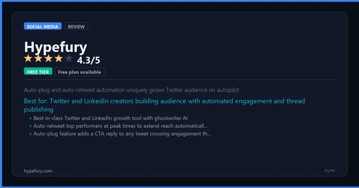 Hypefury review - 4.3/5 rating - Auto-plug and auto-retweet automation uniquely grows Twitter audience on autopilot