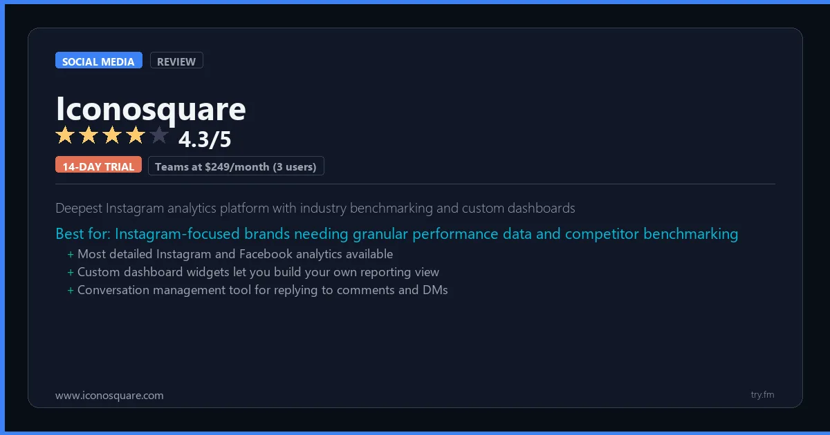 Iconosquare review - 4.3/5 rating - Deepest Instagram analytics platform with industry benchmarking and custom dashboards