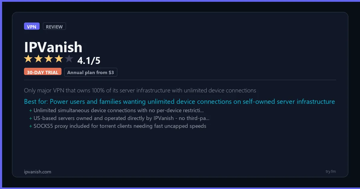 IPVanish review - 4.1/5 rating - Only major VPN that owns 100% of its server infrastructure with unlimited device connections