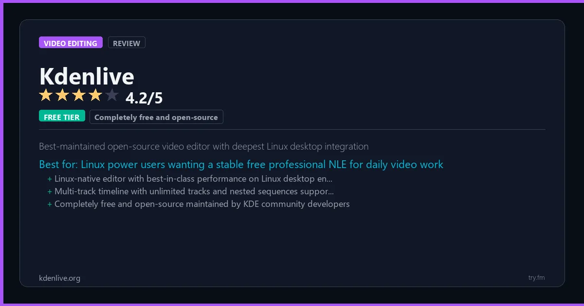 Kdenlive review - 4.2/5 rating - Best-maintained open-source video editor with deepest Linux desktop integration
