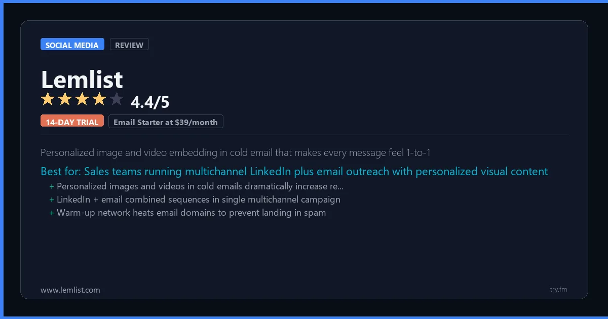 Lemlist review - 4.4/5 rating - Personalized image and video embedding in cold email that makes every message feel 1-to-1