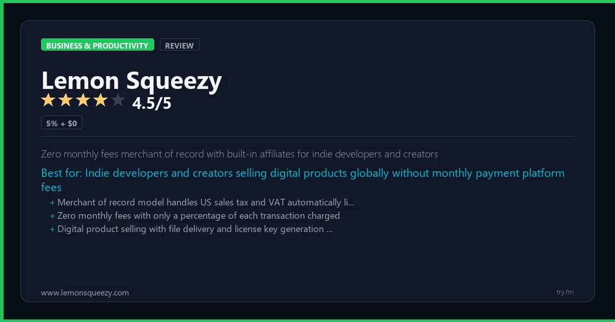 Lemon Squeezy review - 4.5/5 rating - Zero monthly fees merchant of record with built-in affiliates for indie developers and creators