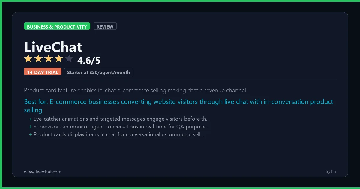 LiveChat review - 4.6/5 rating - Product card feature enables in-chat e-commerce selling making chat a revenue channel