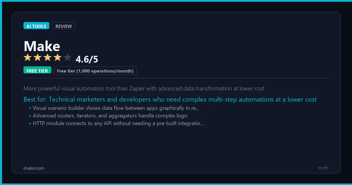 Make review - 4.6/5 rating - More powerful visual automation tool than Zapier with advanced data transformation at lower cost