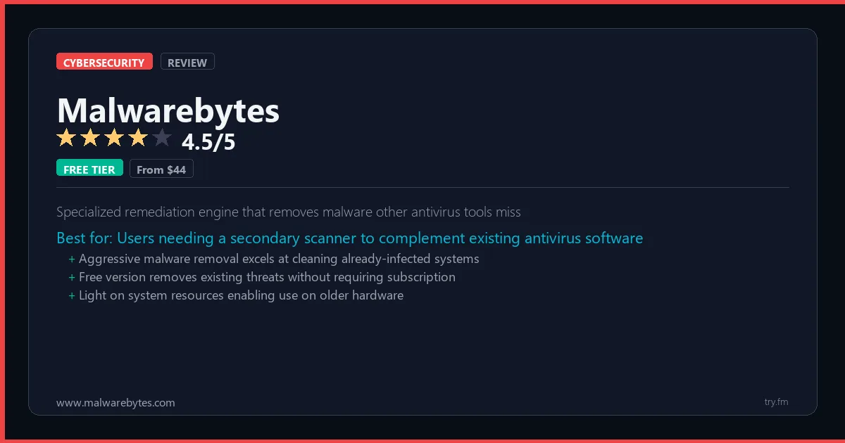 Malwarebytes review - 4.5/5 rating - Specialized remediation engine that removes malware other antivirus tools miss